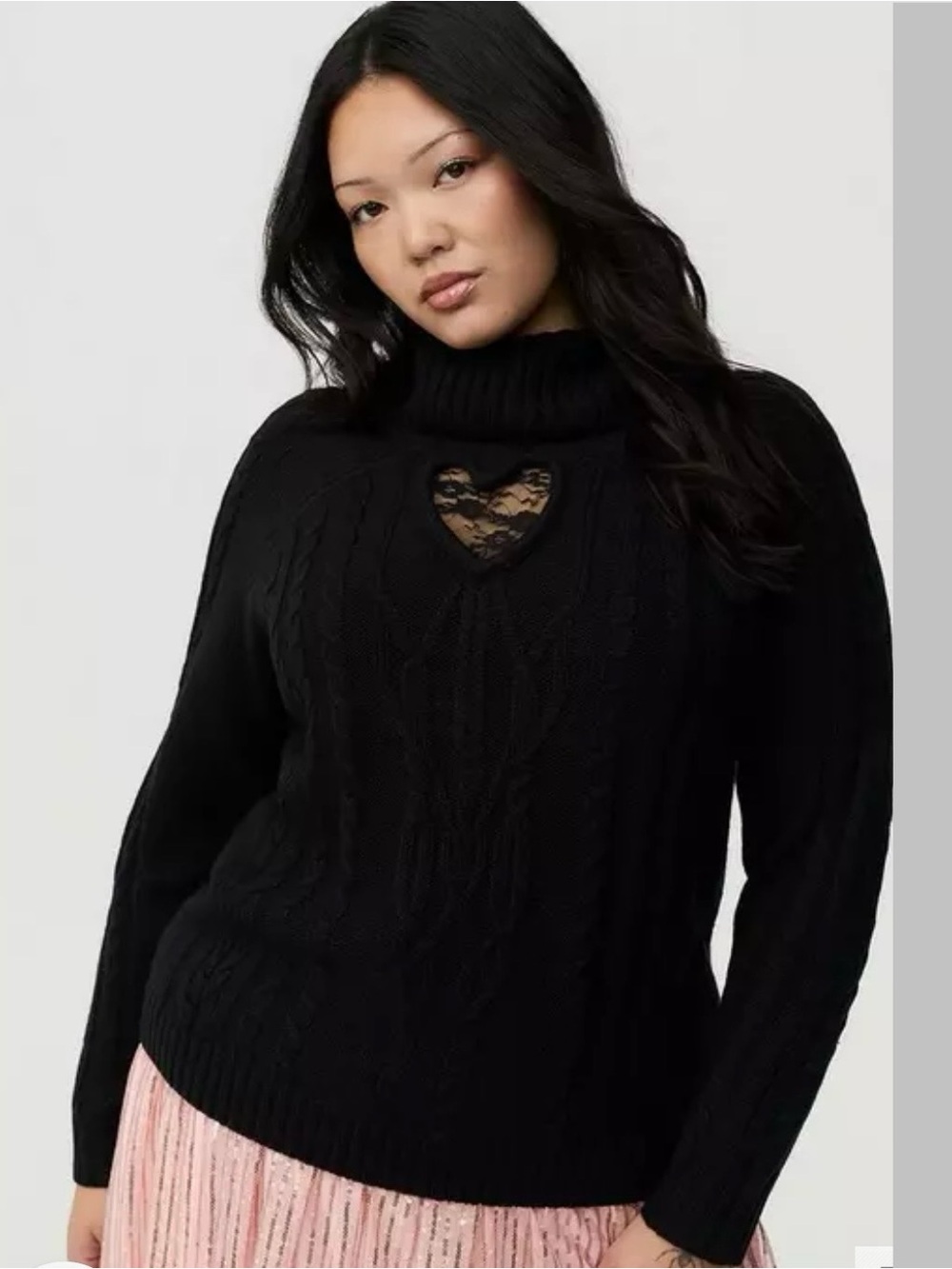 NWT Torrid Black Cable-Knit Turtleneck Sweater with Heart Lace Detail Size 2X